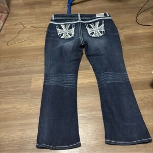 Maurices Dark Blue Flare Jeans with Embroidered Pockets